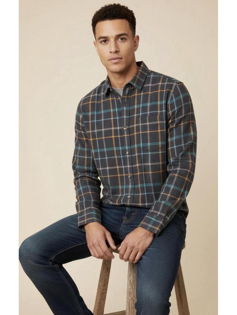 LUCKY BRAND NWT Mens Lightweight Cotton Plaid Flannel Shirt In Gray-Large